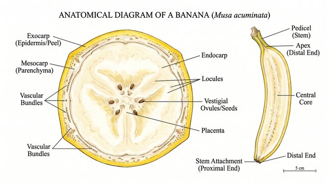 Comprehensive Botanical Illustration of Banana Anatomy, Presenting Labeled Internal Structures in Cross-Section and Longitudinal Views, Ideal for Educational Reference