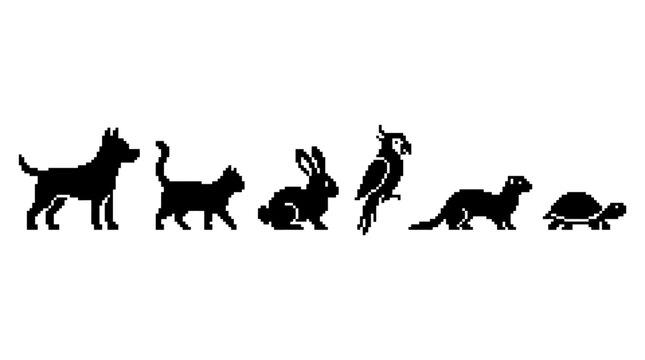 Black silhouettes of various animals line.pixel art