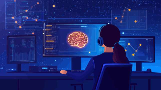 Person analyzing brain scan on digital screens in high-tech lab
