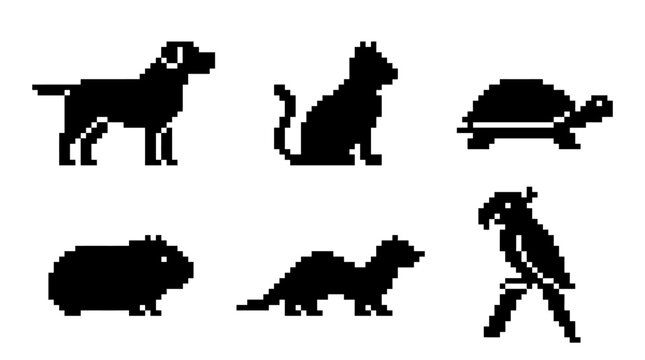 Silhouettes of various common household pets.pixel art