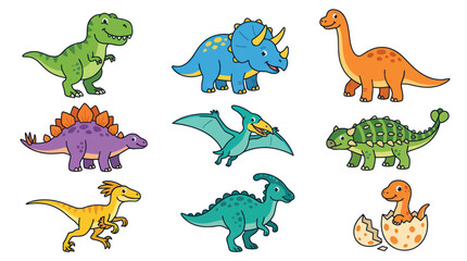 Cute Cartoon Dinosaurs Collection: T-Rex, Triceratops, Brontosaurus, Stegosaurus, Pterodactyl, Ankylosaurus, Velociraptor, Parasaurolophus, Baby Dinosaur © yati