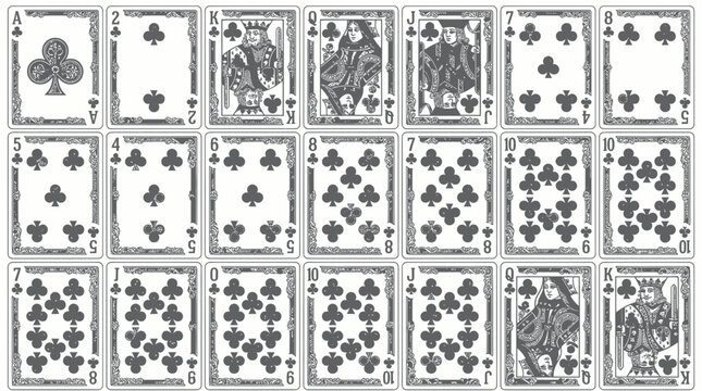 Vintage Playing Cards: Full Set of Club Suit, Retro Etching Style