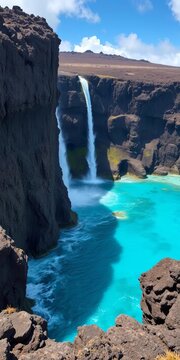 Turquoise Waterfall Between Rocky Cliffs Landscape