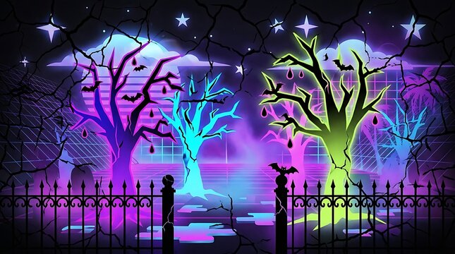Spooky neon halloween trees and bats in synthwave style