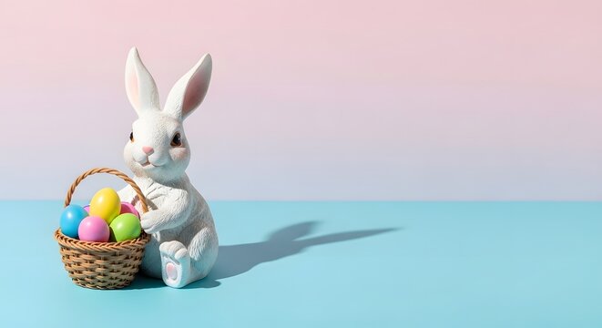 Easter bunny figurine with colorful eggs in woven basket on pastel background easter technology display