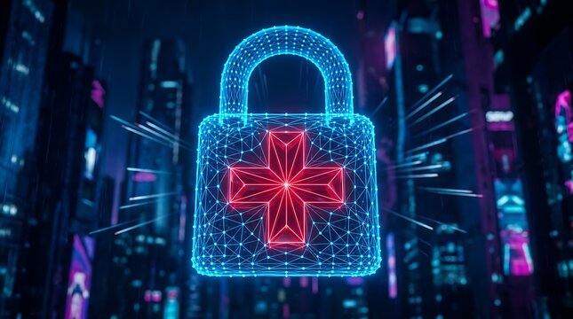 Cybersecurity concept with a digital glowing padlock featuring a red medical cross symbol in a futuristic city background