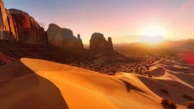 Golden desert dunes and rock formations at sunset, warm sunlight casting long shadows, arid landscape with subtle digital pixelation effect