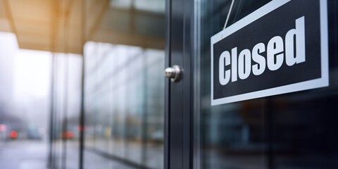 Fototapeta premium Modern office glass door with a black and white closed sign hanging