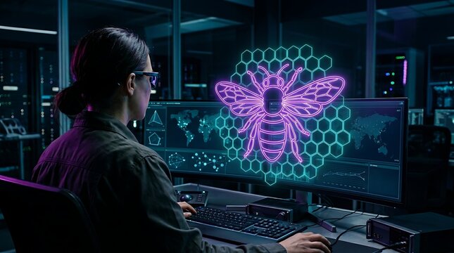Cybersecurity expert working in a hightech server room with a holographic bee icon representing network security