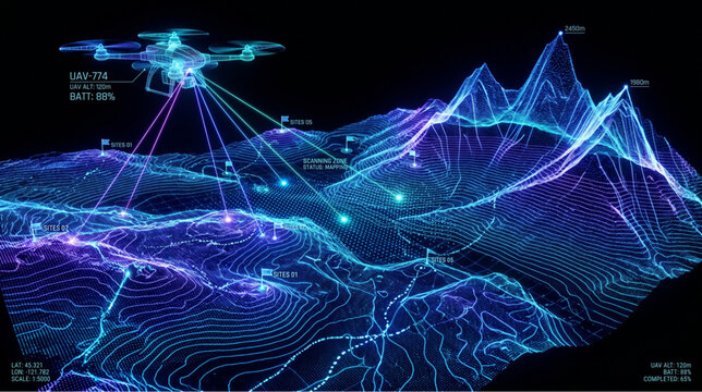 Drone 3D terrain scanning wireframe map vector illustration. Futuristic UAV topographic mapping and radar scanning technology. Abstract sci-fi geodata map with drone telemetry data overlay.