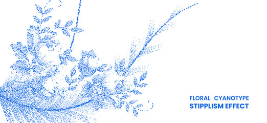 Obraz premium Floral cyanotype stipplism effect, artistic botanical illustration with blue dots on white background, abstract nature pattern for design