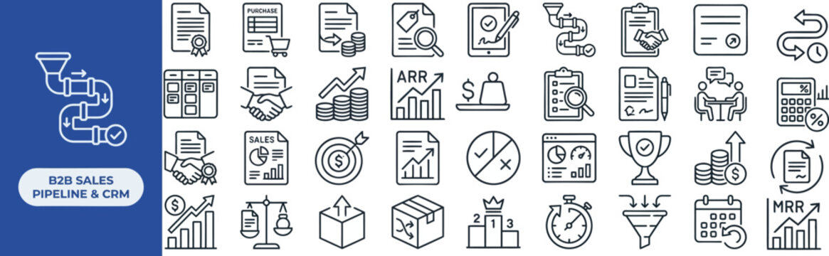 B2B Sales Pipeline and CRM outline icon set. Featuring funnel, contact card, deal stage, dashboard, and forecast symbols. Editable stroke vector icons for customer management and revenue tracking.