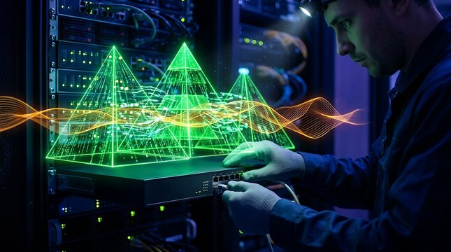 It technician working on server rack with digital holographic data visualization of pyramids and network waves