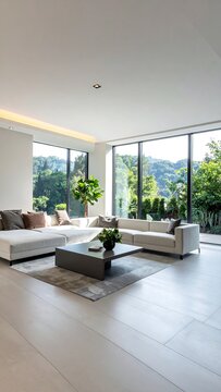 A modern living room with large windows and a white couch