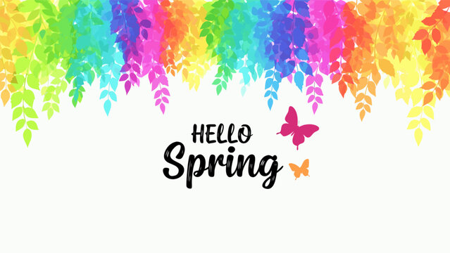 Vibrant rainbow leaves and butterflies celebrate spring arrival with colorful hello message