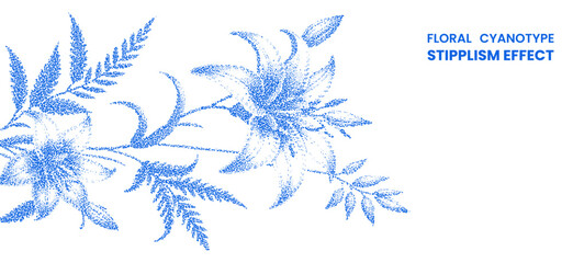 Floral cyanotype stipplism effect with lily flowers and fern leaves, artistic dotwork botanical illustration isolated on white background © MDMahmudul