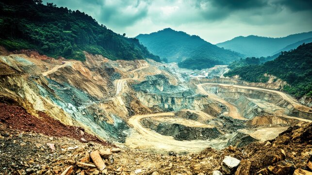 Vast open pit quarry in a mountainous landscape