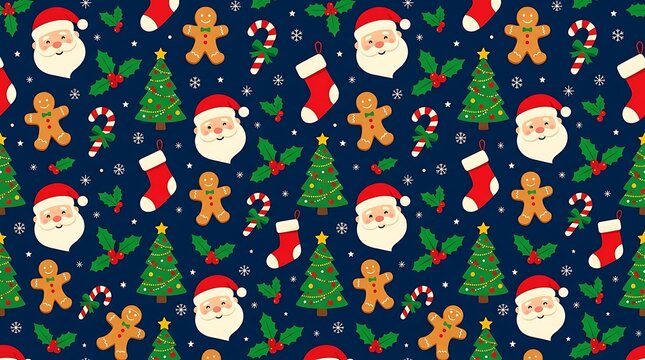 Seamless christmas pattern with santa claus gingerbread and trees