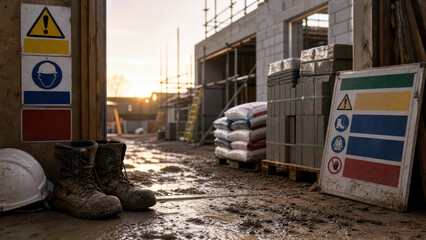 Obraz premium Foreman boots and hard hat on muddy ground near construction site entrance with safety signs