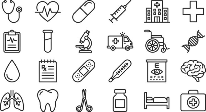 Set of medical and healthcare icons, thin line style, vector illustration