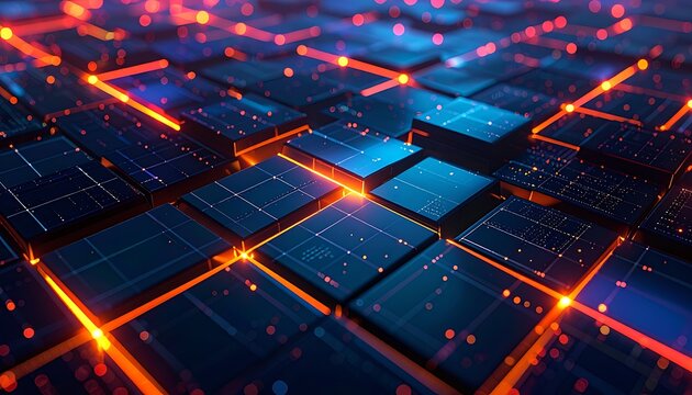 Glowing circuit board with neon lights.
