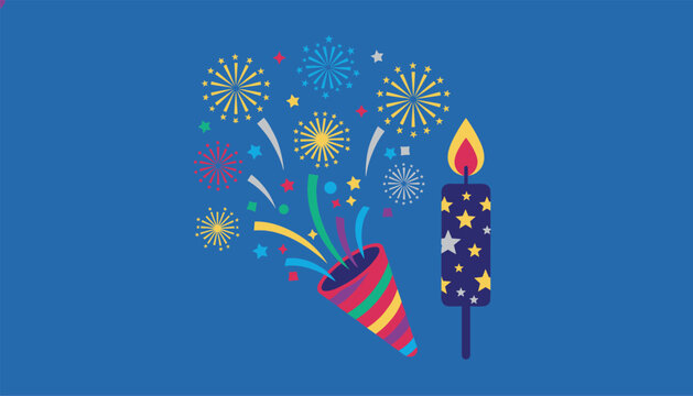 Colorful party popper shooting confetti and stars next to a lit firecracker candle for festive holiday celebrations.