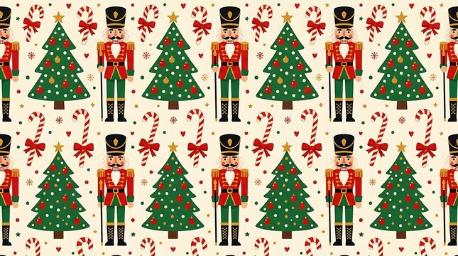 Christmas pattern with nutcracker soldiers and decorated trees
