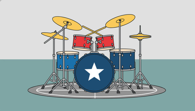 Complete drum set with bass drum, snare, toms, and cymbals on a circular rug for music and band rehearsal concepts.