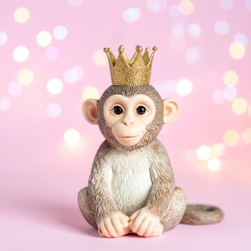 A monkey figurine wears a crown on a pink background