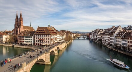 Obraz premium Historic european city view with river and old stone bridge