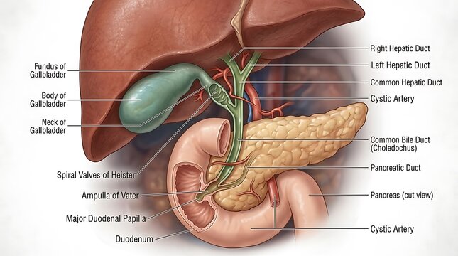 Anatomical view of human liver gallbladder and pancreas structure