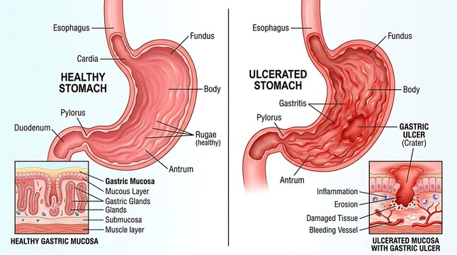 Stomach anatomy comparison healthy stomach versus ulcerated stomach