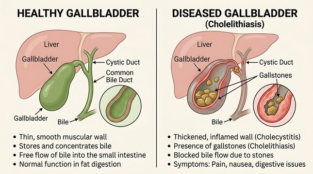 Comparison diagram of healthy gallbladder versus diseased gallbladder
