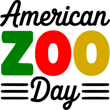 American Zoo Day typography celebration banner design featuring colorful text with a green Z, red O, and yellow O, flanked by black lines on a clean white background.