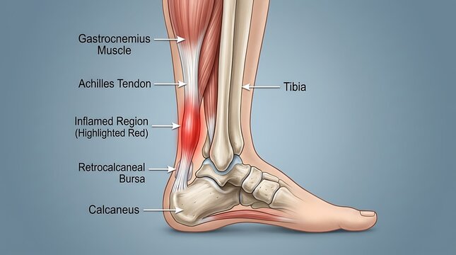 Achilles tendonitis anatomy diagram showing inflammation and foot