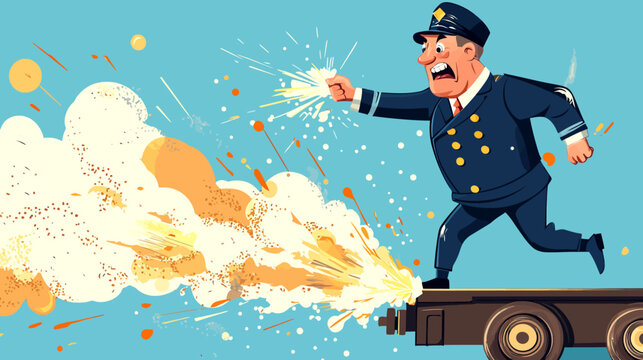 Cartoon policeman on a wheeled platform firing while angry