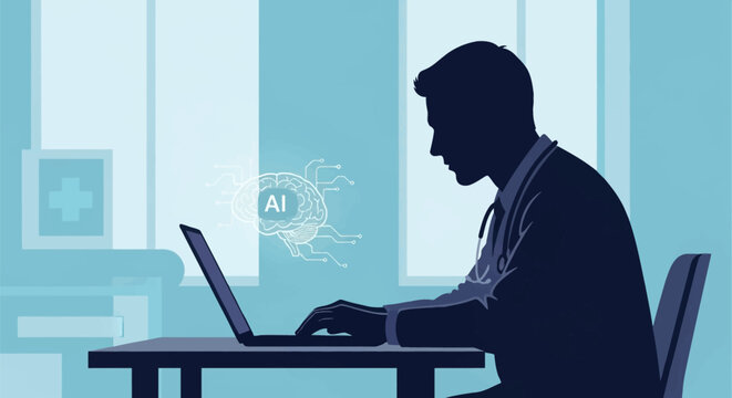 Silhouette of a male doctor wearing a stethoscope while working on a laptop at a desk, featuring a glowing holographic artificial intelligence brain with circuit board patterns.