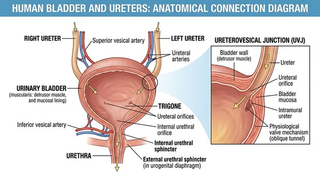 Human urinary bladder and ureters anatomical connection diagram