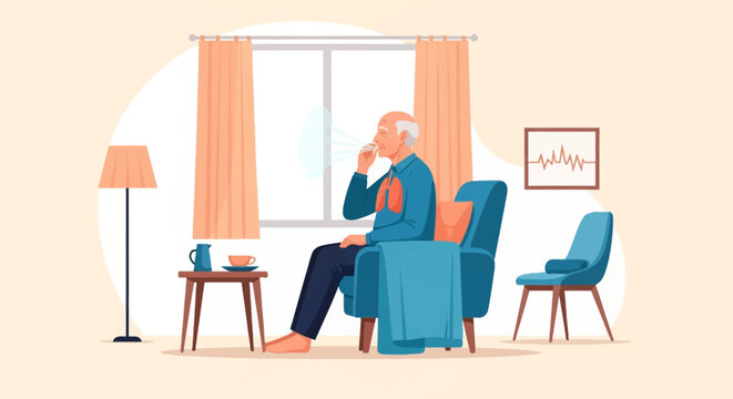 Flat vector illustration of an elderly senior man sitting in a blue armchair at home, performing deep breathing exercises for respiratory health with visible lungs and exhaled air.