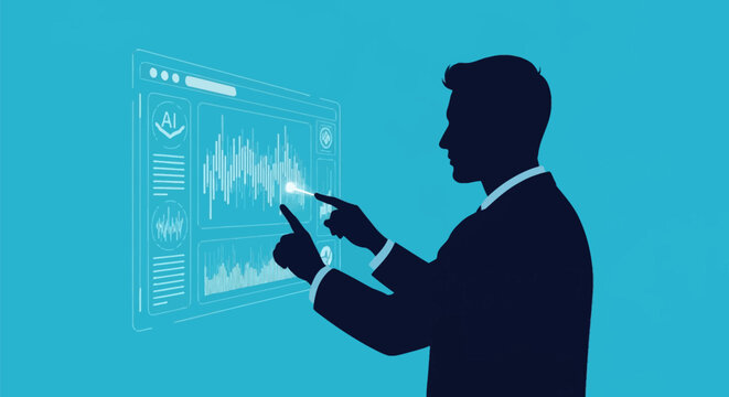 Silhouette of a male professional interacting with a transparent digital dashboard featuring AI icons, sound wave graphs, and bar charts on a solid blue background.