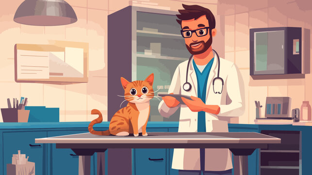 Veterinarian with a cat on an examination table in clinic