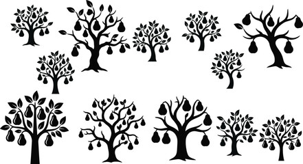 Fototapeta premium Pear trees with fruit black silhouette on white background