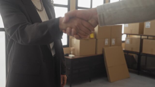 Woman shakes hand with man in a warehouse amid stacked cardboard boxes and parcels, necklace and blazer visible; trust partnership.