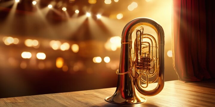 Polished brass tuba gleaming under warm stage lights on a wooden platform