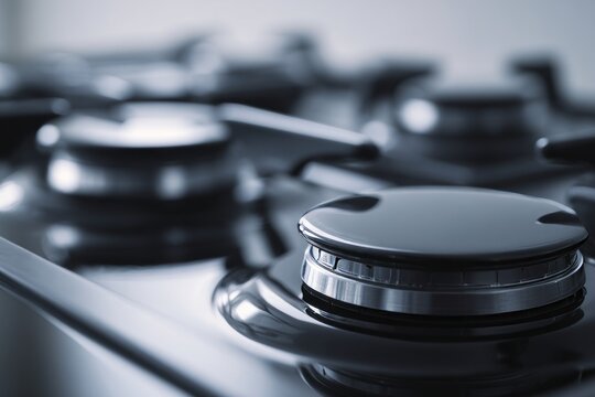 kitchen cleaning. Close-up view of a modern gas stove burner with a sleek black surface and shiny metallic knobs in a contemporary kitchen setting