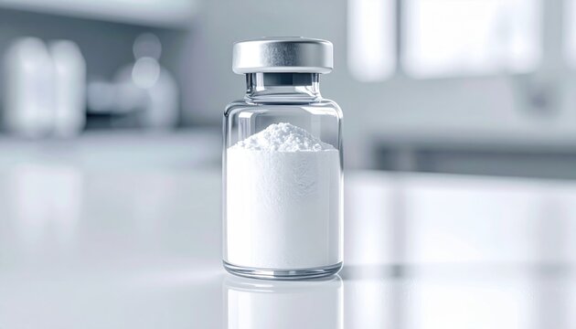 Glass pharmaceutical vial containing white powder with metallic cap in sterile laboratory setting