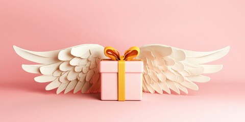 Naklejka premium Pastel pink gift box with golden ribbon and delicate white angel wings