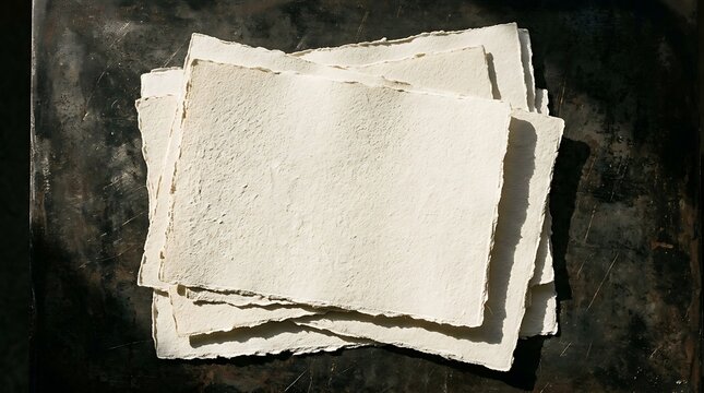 Stack of handmade textured paper with deckle edges on dark surface