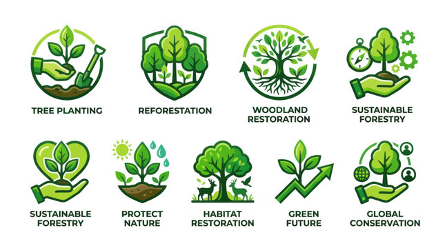 Green vector icons of tree planting and environmental nature protection