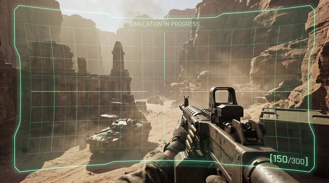 First Person Shooter Simulation View with Military Machine Gun in Desert
